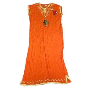 Hajar XXL Orange/ Yellow Gold Trim Long Kitten Print Chikan/ Kurti Traditional